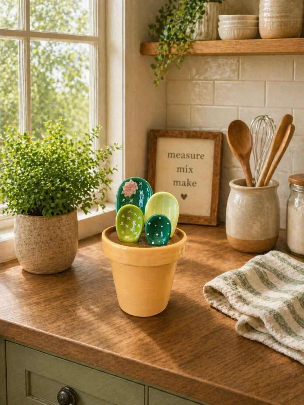 New 4Pcs Catus Succulent Measuring Spoons Set In Pot Ceramic Measuring Spoons